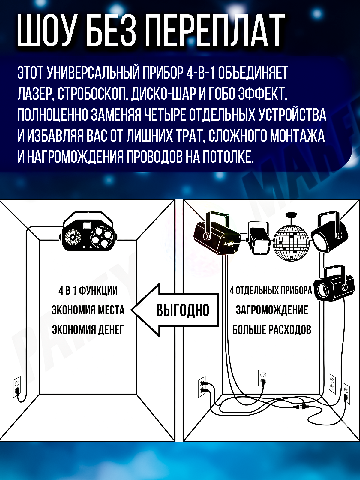 Светомузыка 4 в 1 PartyMaker 65вт, Диско шар, лазер RG, гобо-колесо, стробоскоп