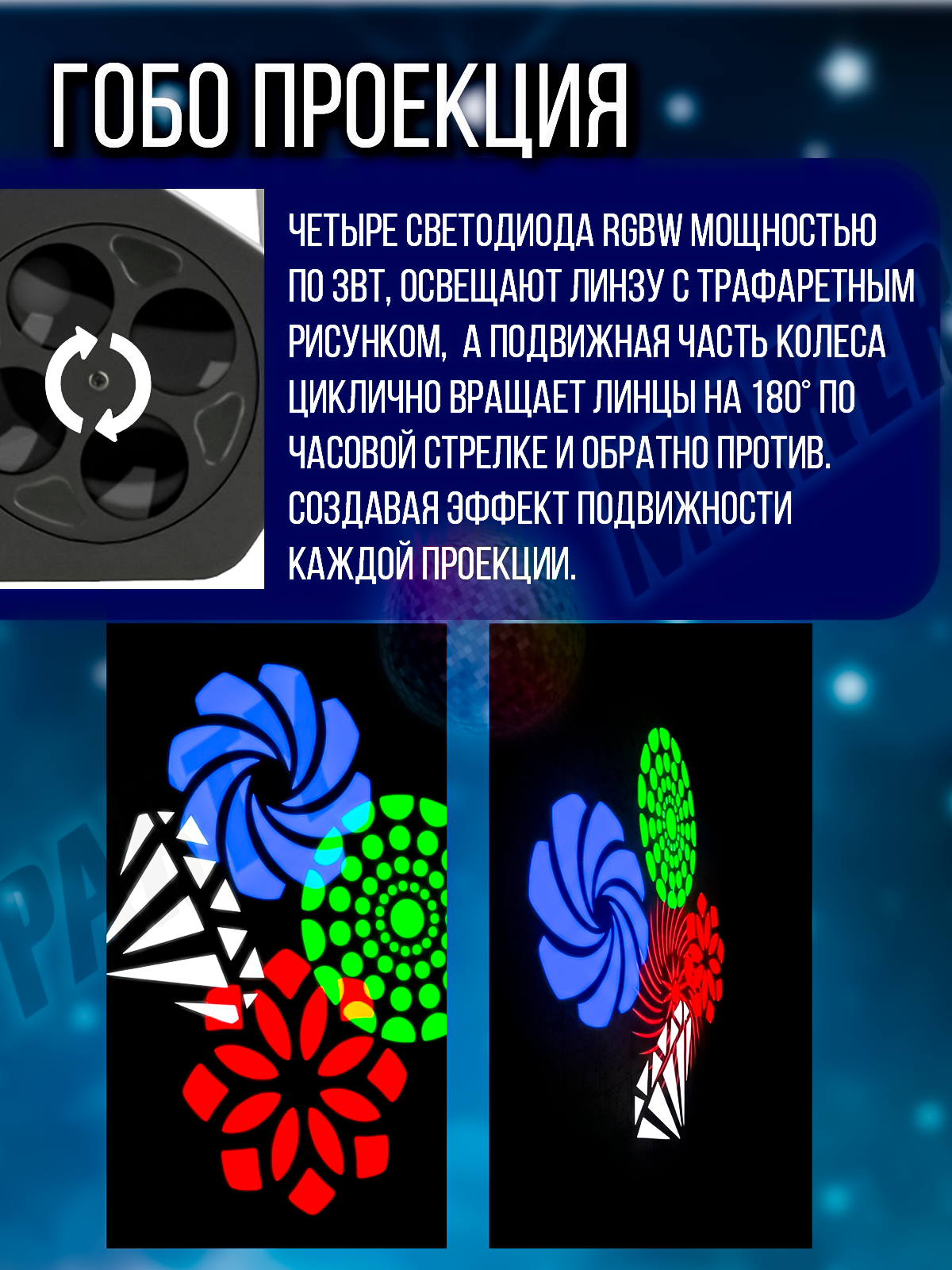 Светомузыка 4 в 1 PartyMaker 65вт, Диско шар, лазер RG, гобо-колесо, стробоскоп