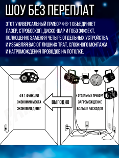 Светомузыка 4 в 1 PartyMaker 65вт, Диско шар, лазер RG, гобо-колесо, стробоскоп