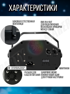 Светомузыка 4 в 1 PartyMaker 65вт, Диско шар, лазер RG, гобо-колесо, стробоскоп